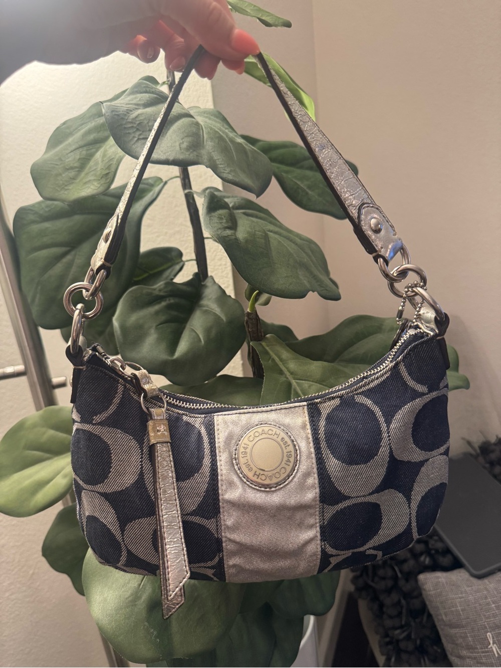 Coach Signature Denim Jacquard Mini Hobo Shoulder Bag Blue Silver Y2K F19689